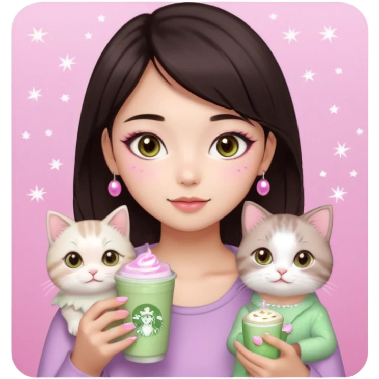 asian girl with short dark brown hair and dark brown eyes with a soft girl pink glowup aesthetic, matcha latte, 2 light brownragdoll cats, and sparkles, makeup, and money. more sparkles emoji