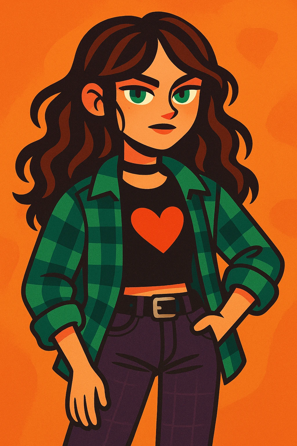 a girl with wavy long brown hair, green eyes, grunge style, modern illustration style emoji