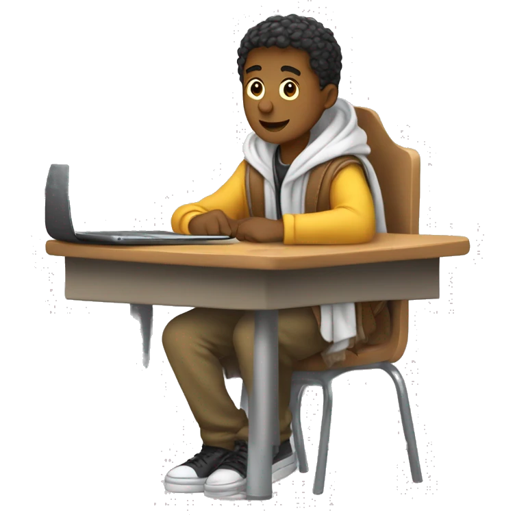 male student sitting at a school desk, a Chromebook with a blanket wrapped around shoulders emoji