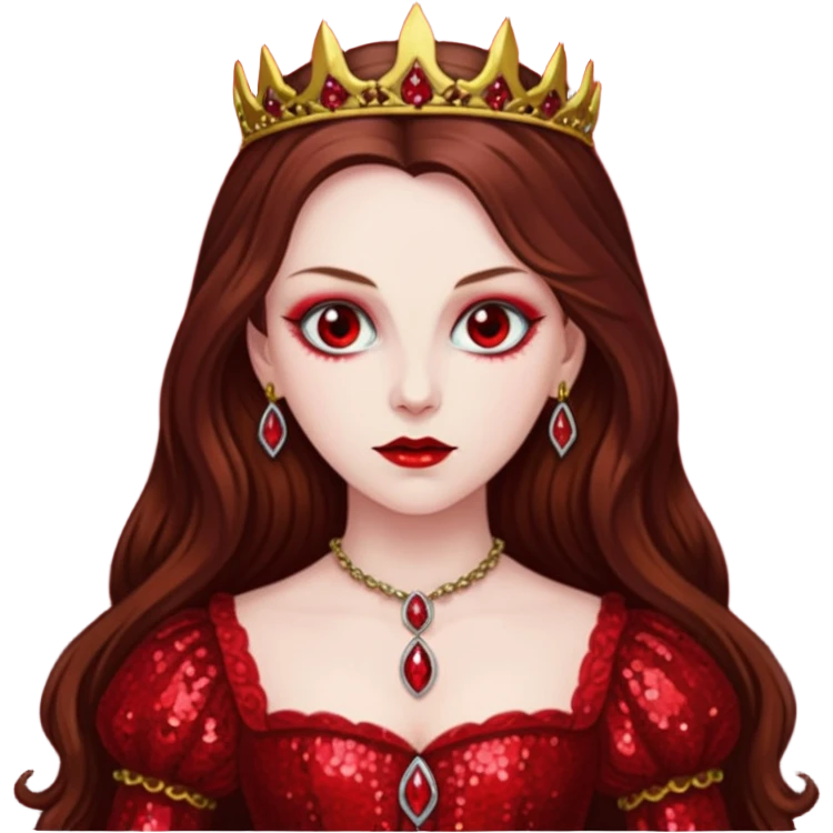 Countess Bathory with long brown hair, red sequin outfit emoji