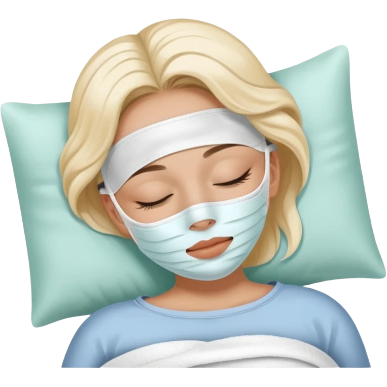 Girl sleeping peacefully with a white beauty face mask on, self care routine emoji