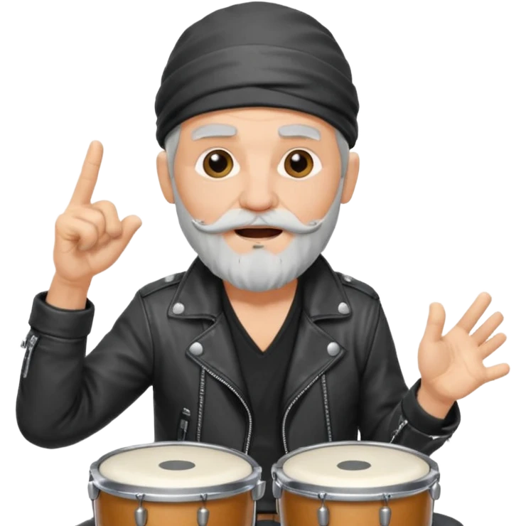 elderly rock musician drummer singing, gray beard, bandana, leather jacket, playing drums, microphone, dynamic pose emoji