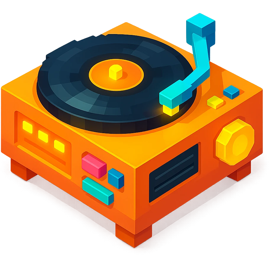 record player with a spinning vinyl, glowing details, and a retro aesthetic emoji