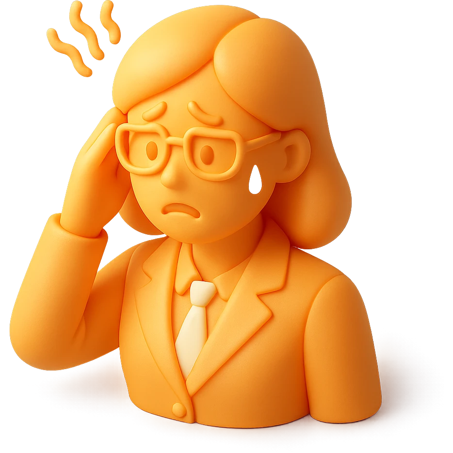 3D orange style female employee looking stressed, worried expression, wearing office attire emoji