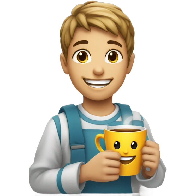 smiling boy with cup indoors with a phase “Gloria a Deus” emoji