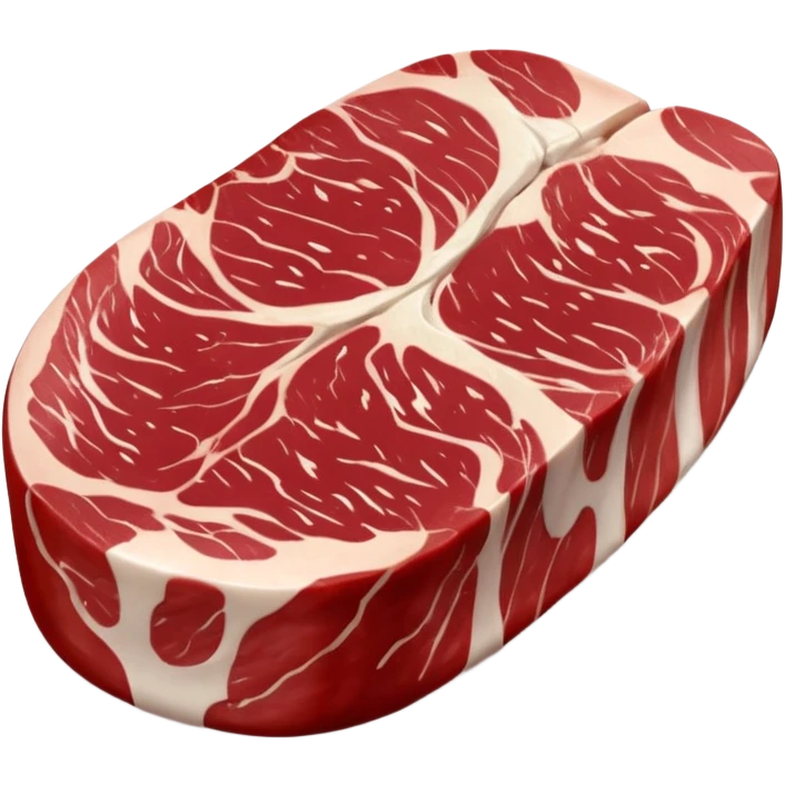 raw sirloin steak, boneless, deep red, white fat edge, fine marbling, visible muscle grain, slightly oval, fresh and tender, no plate or garnish, clean 3D, soft shadows, transparent background, emoji scale emoji