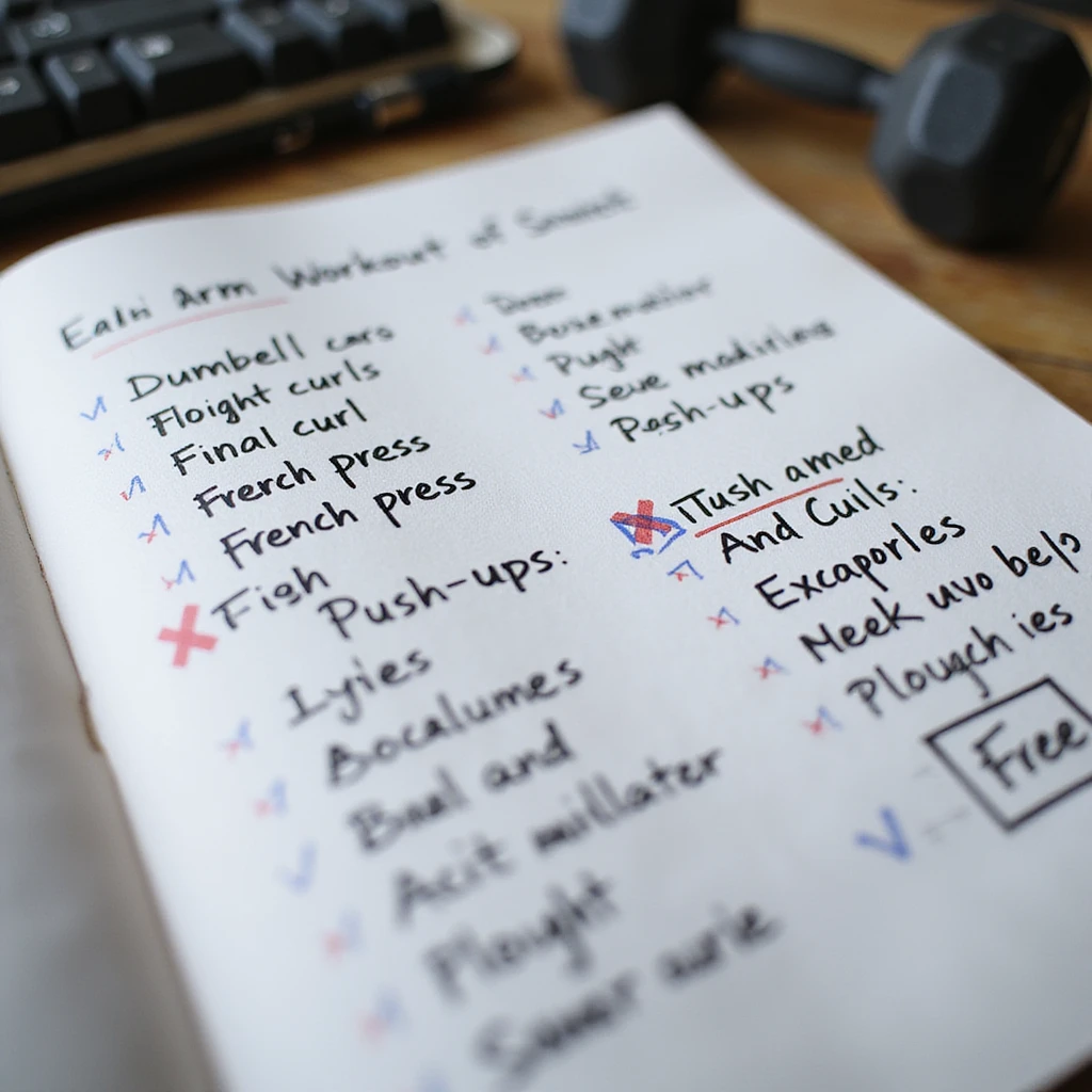 photorealistic photograph of handwritten arm workout sheet with exercises like dumbbell curls, french press, push-ups, some marked with red X as wrong, 4K quality, precise details, natural light emoji