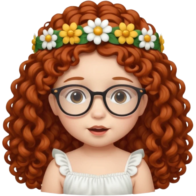 baby with big flower tiara dark ginger long curly hair and glassess emoji