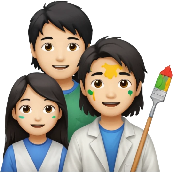 Happy Asian boy with long hair and girl messy painters emoji