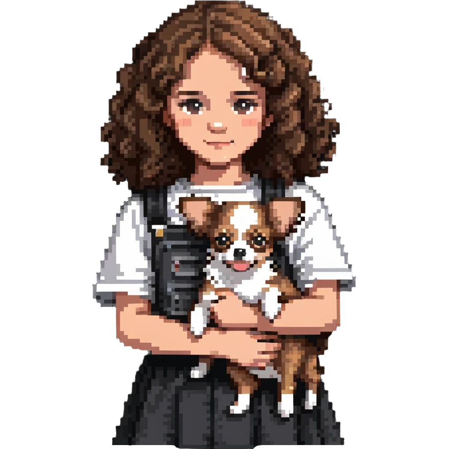 white girl with curly brown hair holding a chihuahua puppy emoji