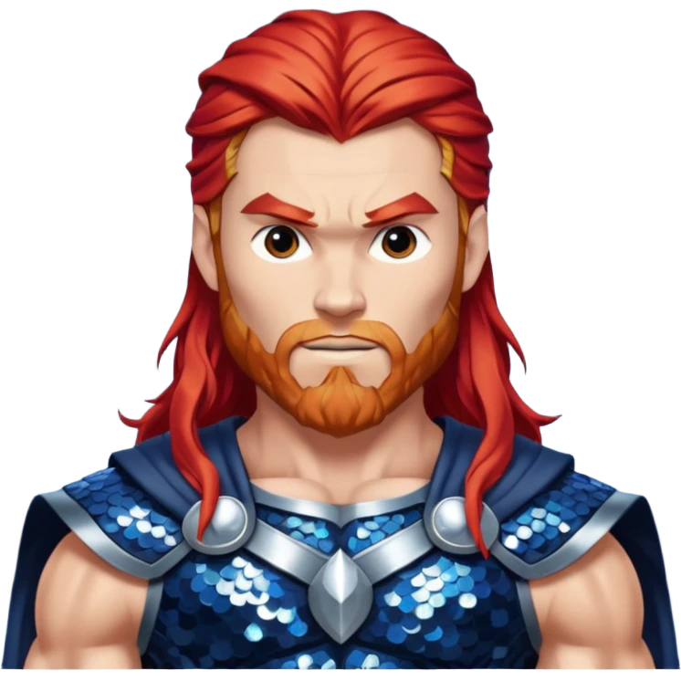 Thor, God of Thunder from Gods and Goddesses with long red hair, dark blue and silver sequin outfit emoji