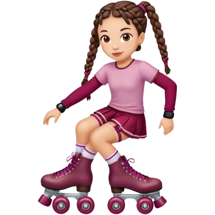 Cute girl, brunette with braids, burgundy rollerskates emoji