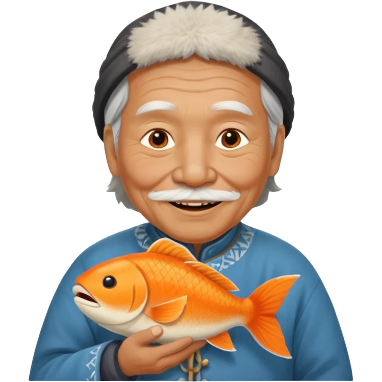 old inuit man with traditional inuit clothes and orange fish emoji