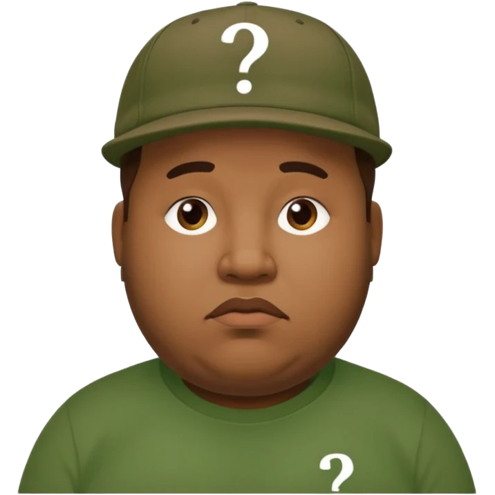 fat man with brown cap and green t shirt printeed a question mark emoji