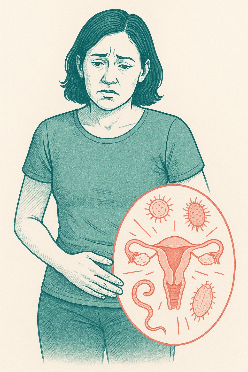 Donna che ha l'endometriosi per via dei parassiti alle parti intime. in italiano emoji