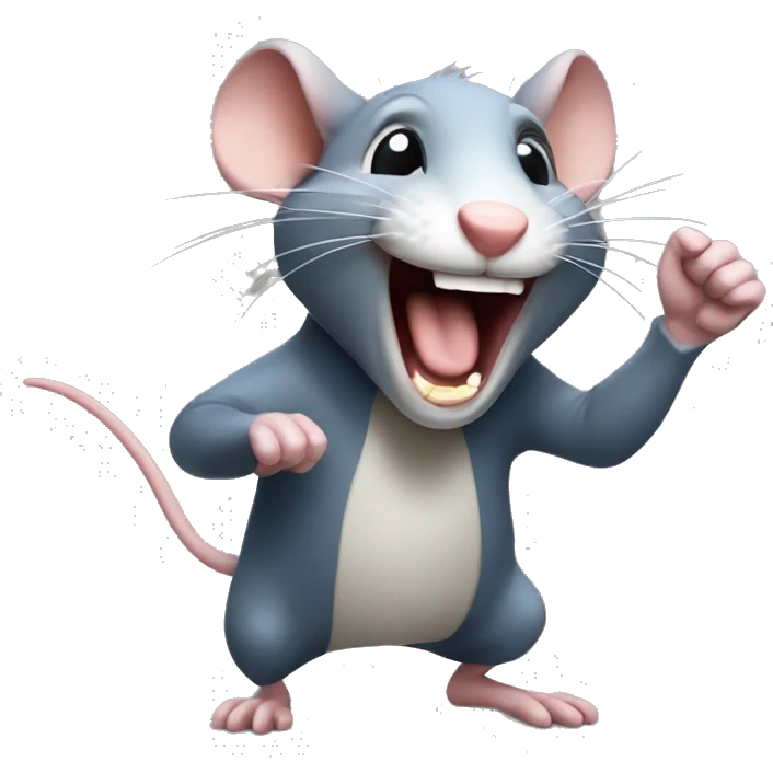 A Rat that is laughing out loud with a finger pointing at the person that read the text emoji