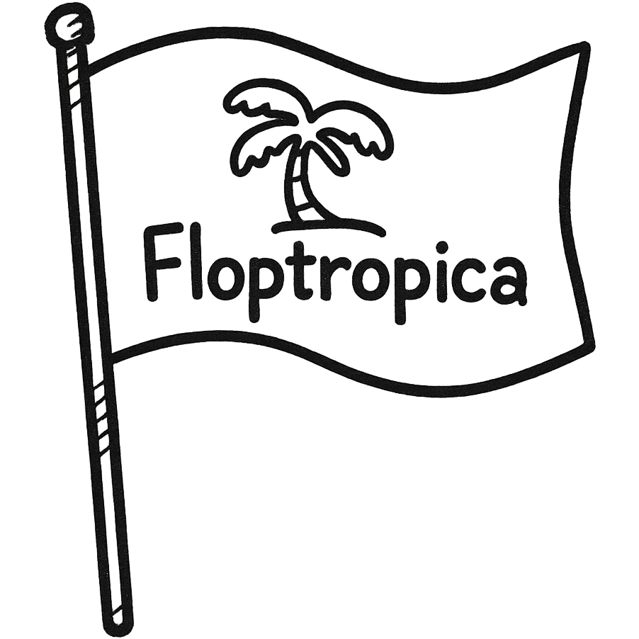 hand-drawn outlined flag on a stick with a quirky 'Floptropica' symbol emoji
