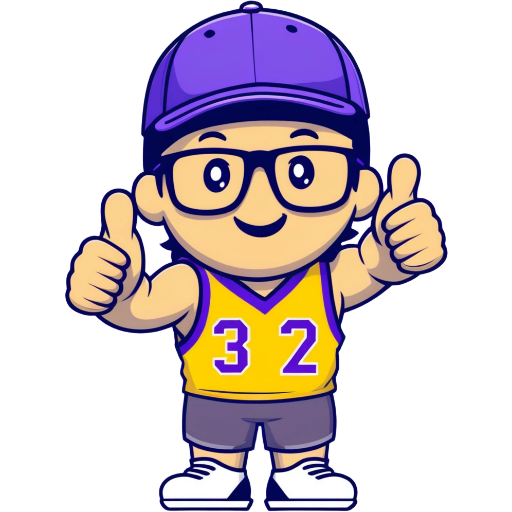 Man with black and white cap, purple sports jersey with number 32, glasses, mullet hairstyle, thumbs up gesture emoji