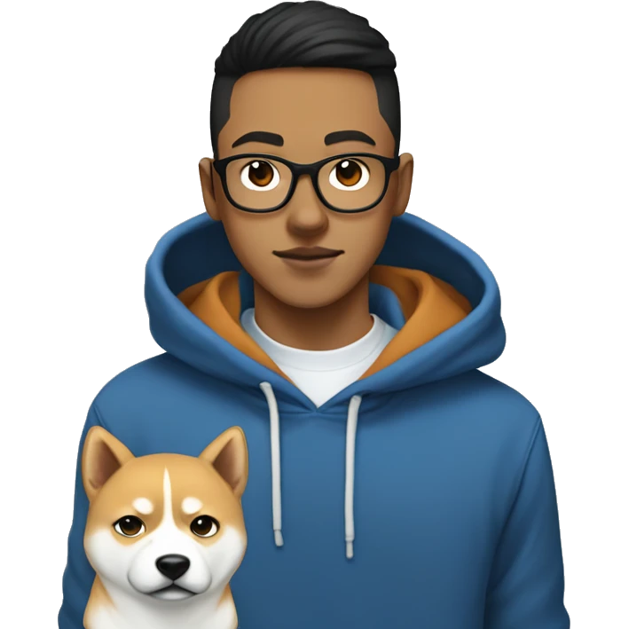 A young guy with white ponytail, black-framed glasses, a nose piercing, a blue hoodie and a Shiba Inu dog next to him emoji