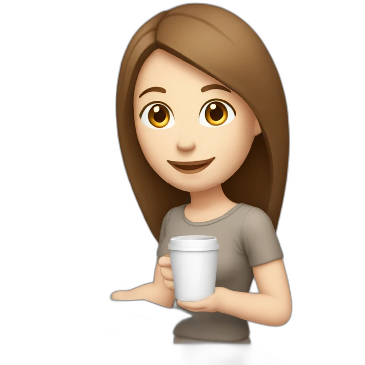 Smiling pale skin woman with middle brown straight hair holding a closed laptop on her left hand and a coffee mug on her right hand not full body shot emoji
