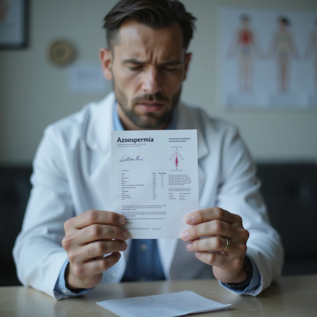 hyperrealistic 4K close-up of a man's hands trembling while holding semen analysis results with 'azoospermia', blurred anxious face in background, urologist's office, fertility diagrams on wall emoji