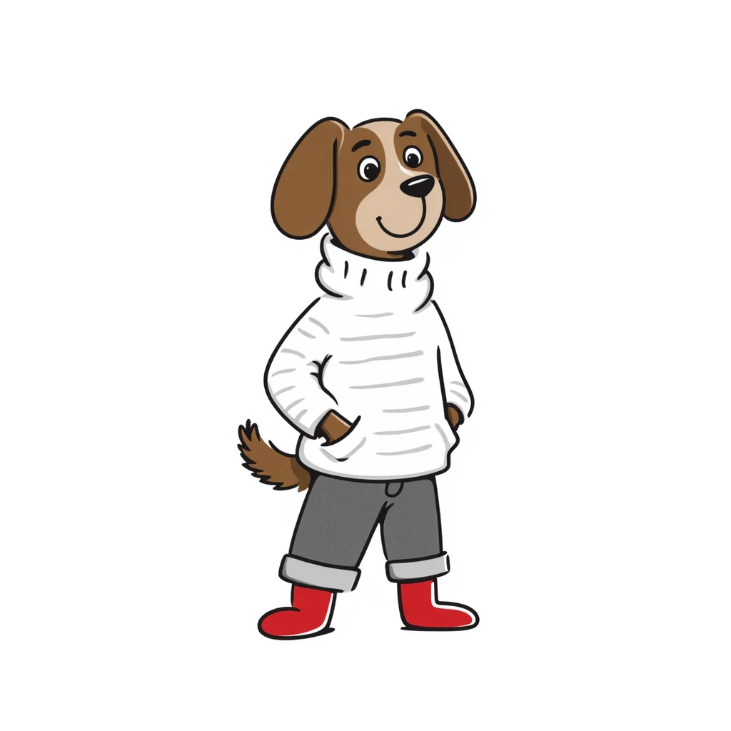 Brown dog standing upright with hands in jean pockets, wearing a white sweater and red shoes emoji