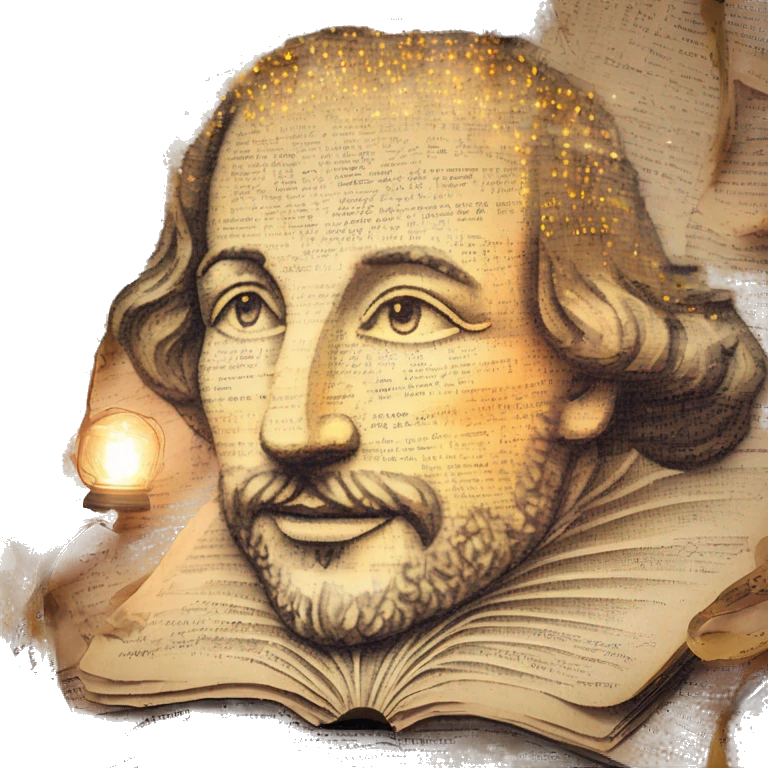 Glowing Shakespeare made of newspaper and bokeh fairy lights lanterns stained glass, fairy lights, bokeh, annotated sketch, handwritten letters, collage of intricate patterns, lantern, bokeh emoji