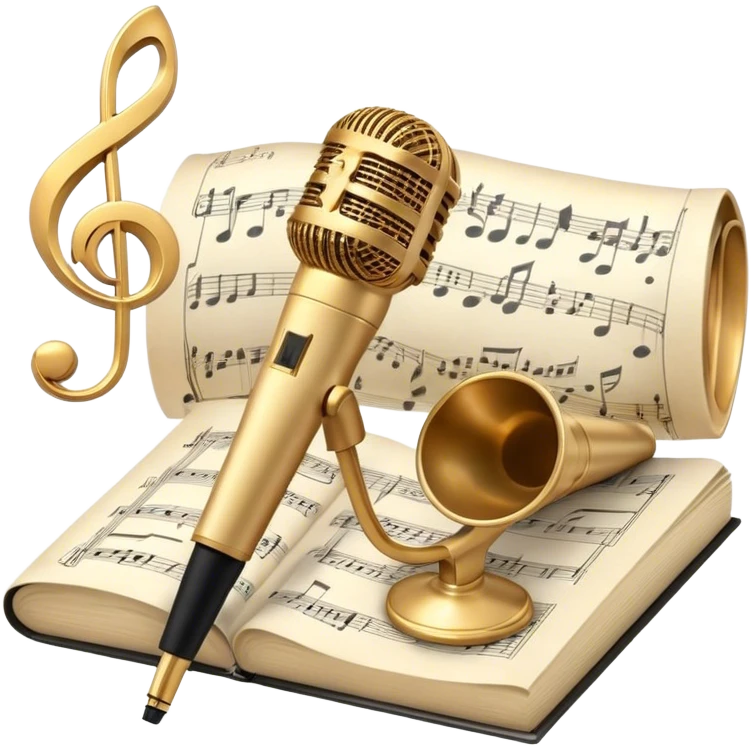 Create an elegant and refined emoji that represents classical or academic vocal performance. The design should feature a microphone, sheet music with musical notes, and a treble clef to symbolize the vocal artistry and music theory behind academic singing. Add subtle elements like a vocal warm-up chart or a grand piano to reflect the classical training. Use classic colors like gold, silver, and deep blue to emphasize sophistication and professionalism. The background should be transparent. emoji