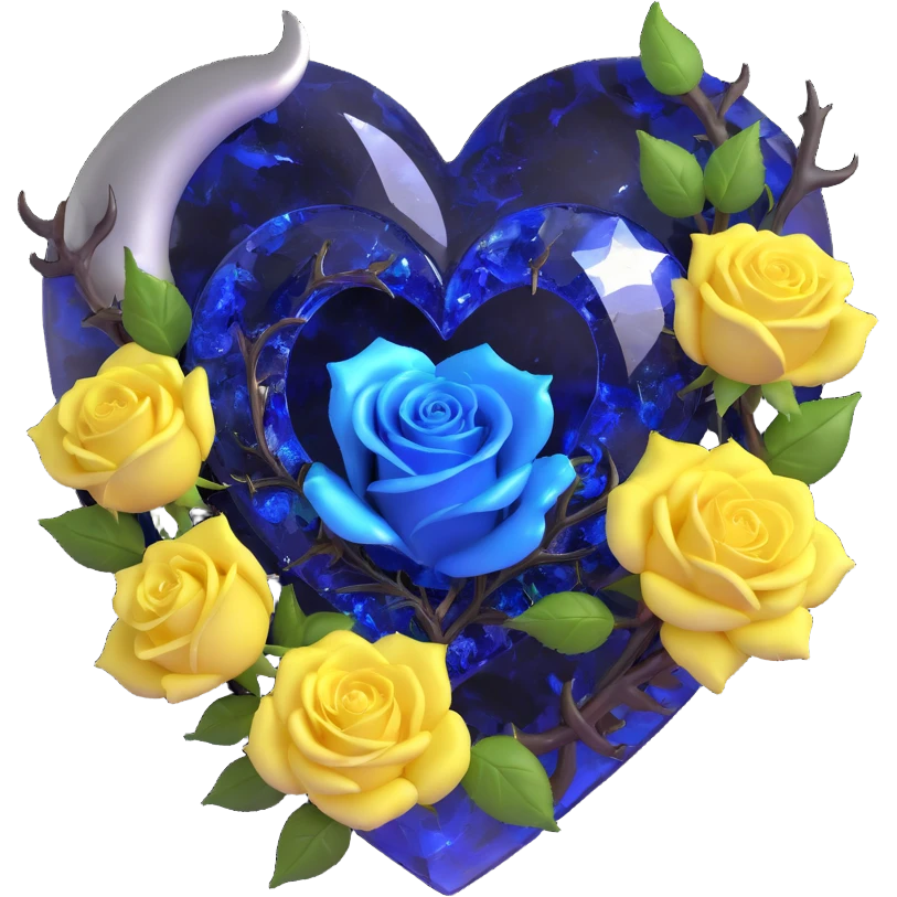 gothic heart made of smoky quartz glass, silver crescent moon, deep blue roses, holographic stardust, neon yellow lightning, wet and cracked glass emoji