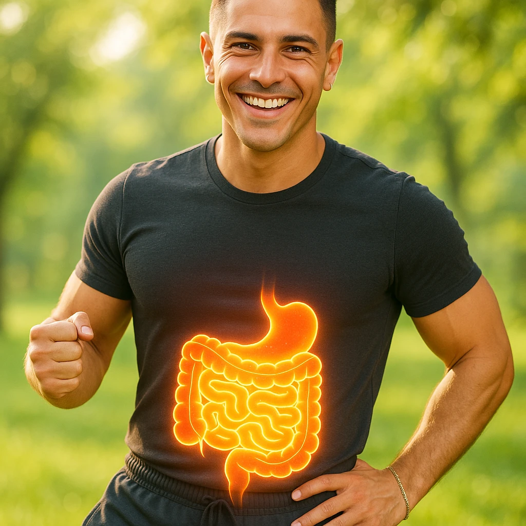 Create a semi-realistic, wellness-themed image of a healthy and fit 30-year-old man inspired by the reference image. Show a glowing stylized healthy intestine over the abdomen. The gut is vibrant and clean. The man is in an energetic pose with a natural outdoor background, soft lighting, and a positive, fresh mood. emoji