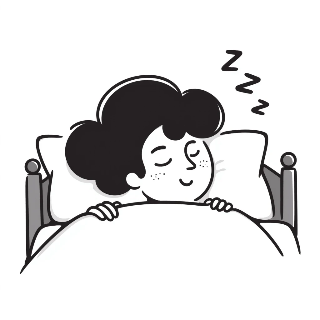 A person sleeping peacefully in bed with a soft smile, gentle z's floating above their head. Cozy, calm feeling with soft colors. Hand-drawn doodle style. emoji