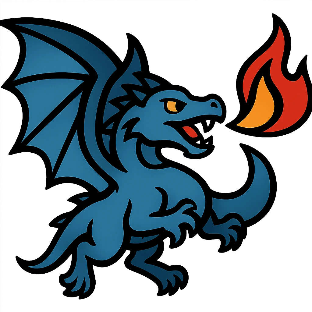 Show this fiery blue dragon with large wings in a dynamic flying pose, keep the style. emoji