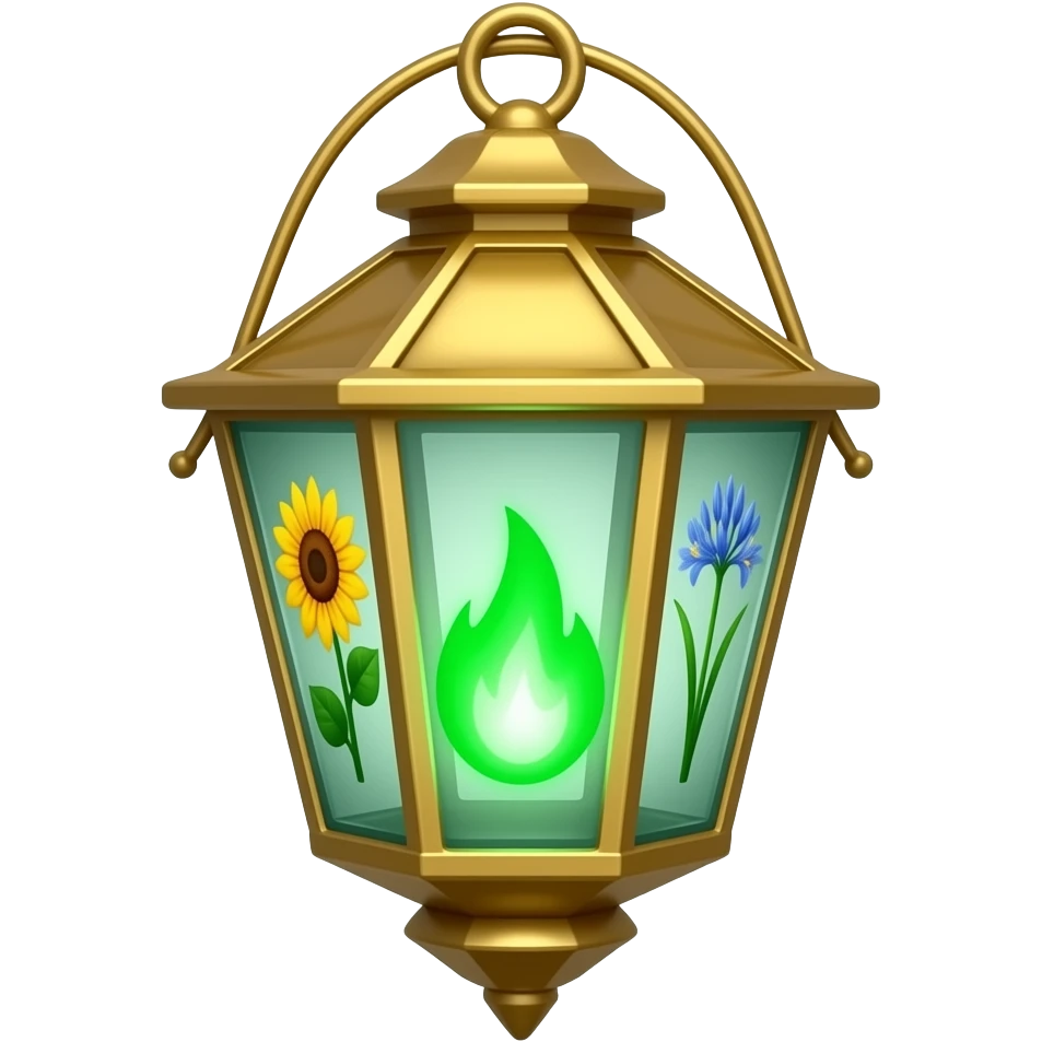 A golden hanging lantern with a bright emerald flames, an empty loop on top, sunflower & asphodel themed, but simple focus more on the green flames, paint the glass more green, have its bottom point come to some sort of point emoji