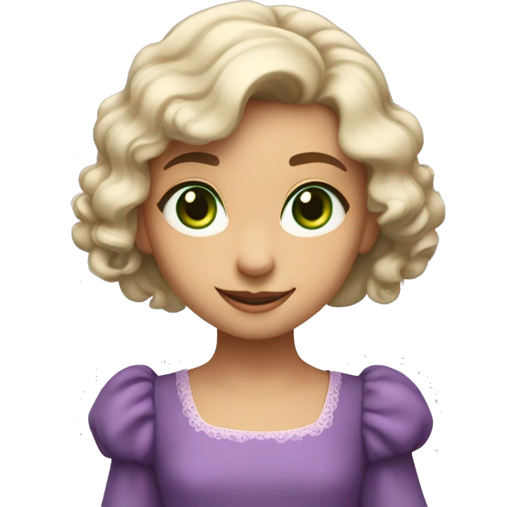 green eyes and a delicate face with a gentle smile. Her complexion is fair and radiant, and she wears a purple dress with puffed sleeves. Her expression is joyful, curious, and full of life, radiating softness and innocence. emoji