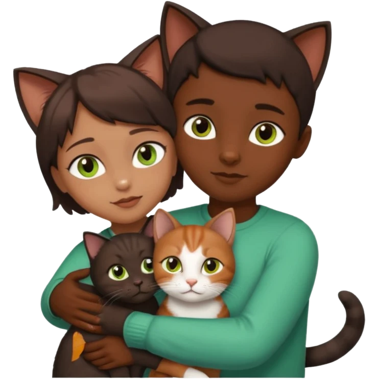 Crea un emoji donde salga un chico moreno con los ojos claros, una chica morena con los ojos marrones y SOLO UN gato europeo comun de pelaje oscuro y ojos verde claro, quiero que se esten abrazando y el gato este en el medio del chico y la chica emoji