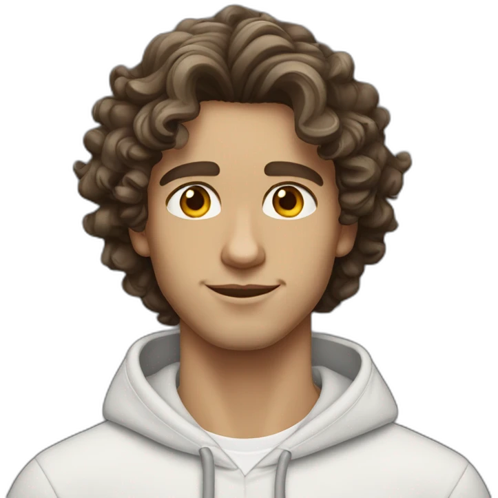 Brunette guy wavy medium curly hair with hazel eyes white wearing a hoodie emoji