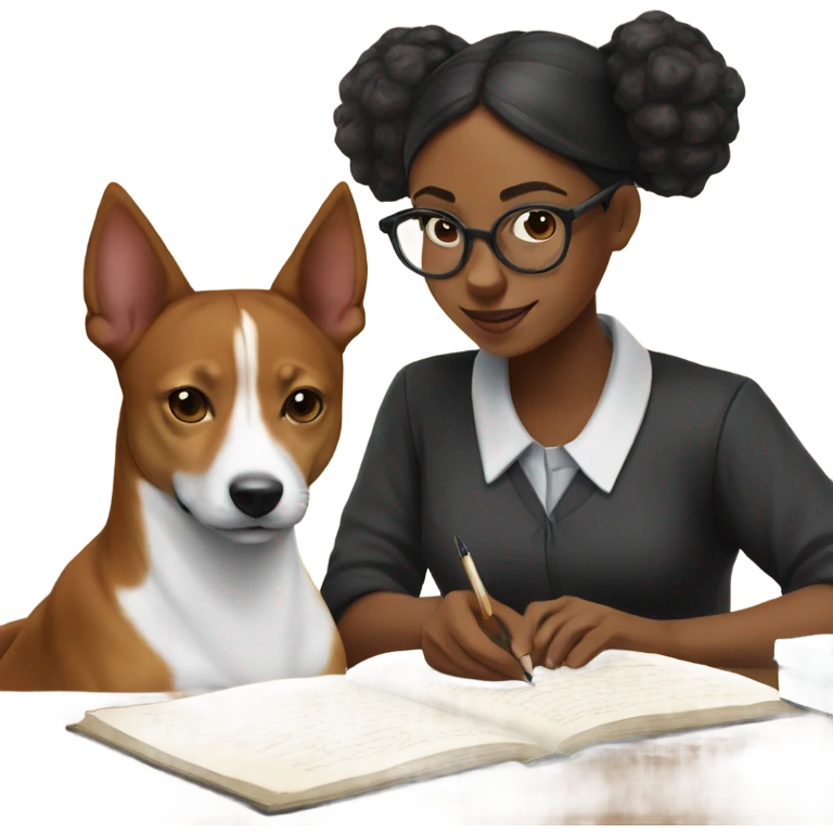 Basenji and black girl studying together emoji
