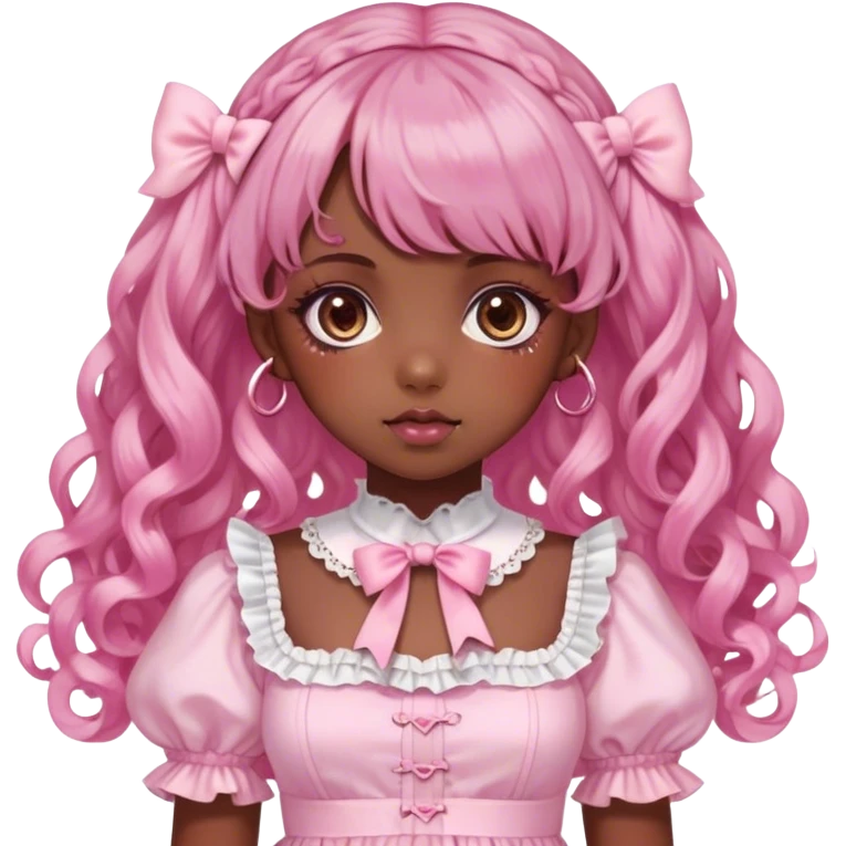 dark girl , who has curly medium length pink and pink swirled hair with bangs , brown eyes , and doll like makeup , in a light pink lolita hime gyaru dress  emoji