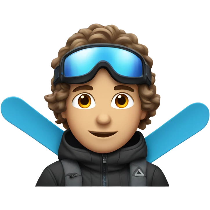 1 white Boy with wavy brown hair skiing with blue skis. He is wearing all black snow pants and a gray jacket   emoji