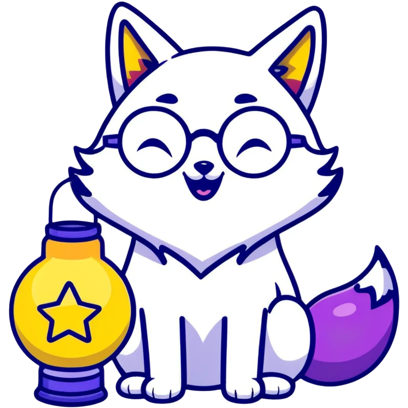 magical fox with purple and blue fur, glowing tail, star on forehead, round glasses, tiny lantern, laughing joyfully emoji