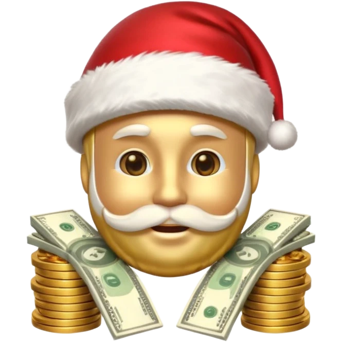 A confident rich emoji face wearing a Santa hat, money stacks, casino vibe, New Year theme, premium 3D emoji style, sharp details, no text, isolated on transparent background emoji