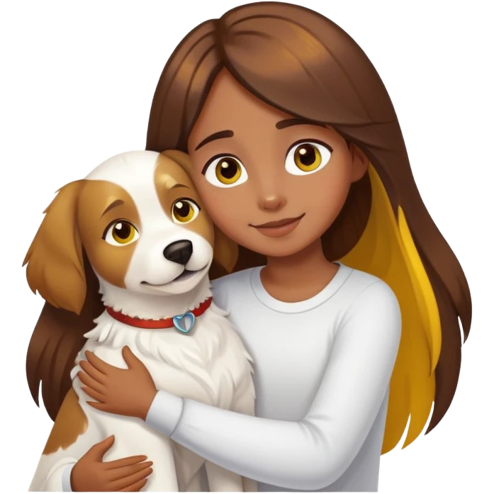 A girl with long brown hair with yellow highlights, big eyes and slightly dark skin happily hugs a white dog tightly emoji