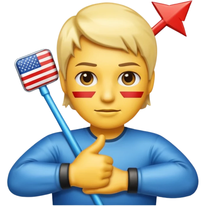 Freezing face emoji, American flag emoji, person with arms crossed emoji, glossy right-pointing arrow, all arranged in a single horizontal line, highly polished game UI style. emoji