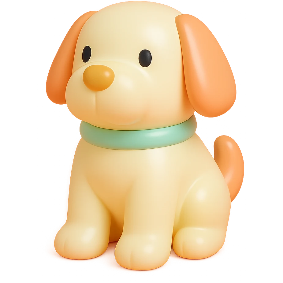               Transform {subject} into a soft vinyl figure with a smooth, glossy surface. The material should look slightly rubbery and tactile, with minimalistic curves and a matte-gloss hybrid finish. Use pastel or soft solid colors. The surface is seamless, with no visible textures or roughness. Studio lighting, vibrant background, clean, playful, designer toy aesthetic and no shadows. {subject} = dog emoji