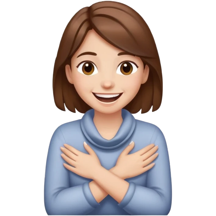 Girl with brown hair hands crossed around neck laughing  emoji