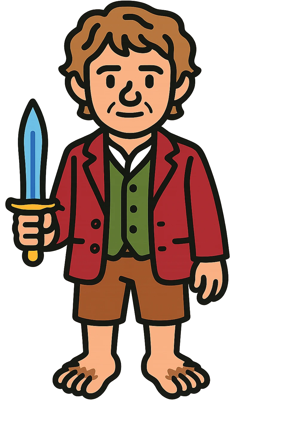 Whole body image of bilbo baggins from the hobbit movie in pixel art style. Bilbo is younger. Make Bilbo look like the actor that portrayed him in the movie, Martin Freeman. Bilbo is wearing the same red jacket, green vest, white undershirt, brown leather short pants, and hairy hobbit feet. He is holding a short sword that is glowing with a blue hue.  emoji