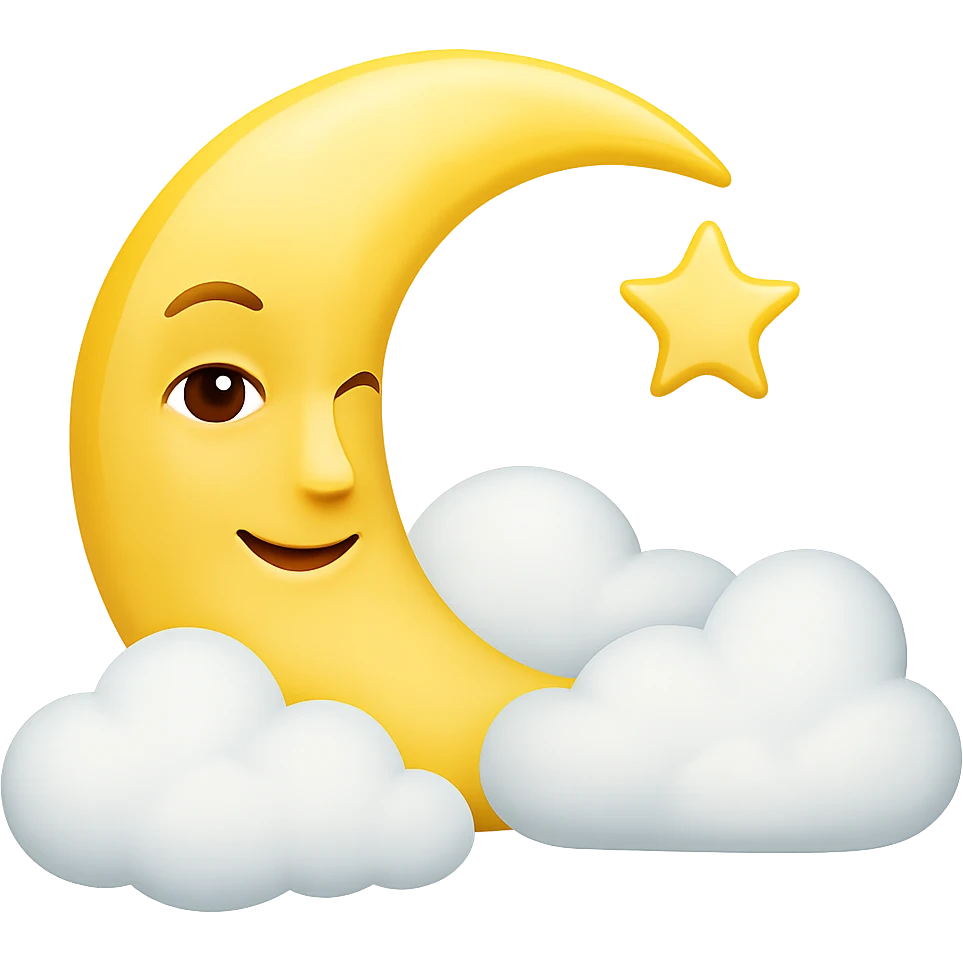 Add fluffy clouds partially covering the crescent moon. Keep the background transparent. emoji