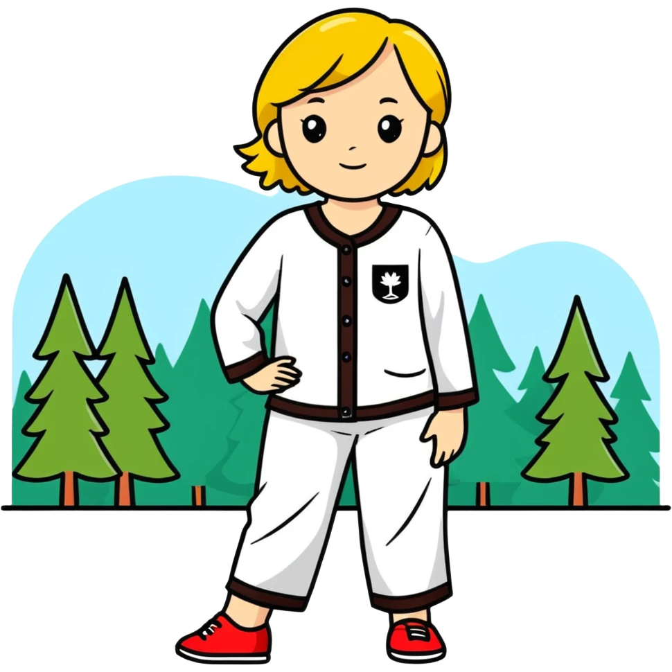 Greta wearing pj pants in Germany with trees near her emoji