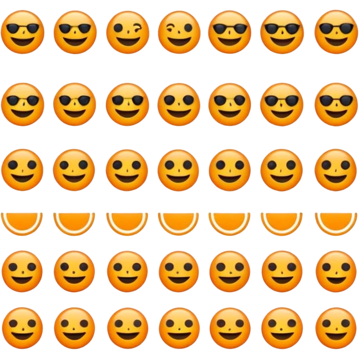 Minimalist flat emoji icon set, bright vivid orange symbols (#FF6200 or #FF8C00) on pure black background (#000000), sharp clean edges, no gradients, no shadows, high contrast, simple geometric shapes, modern UI icon style like Telegram stickers or Discord emojis emoji