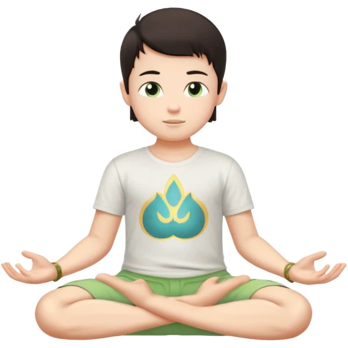 Menino branco de cabelo escuro, camiseta e bermuda verde claro sentado em pose de Buda com as mãos em forma de Mudra emoji